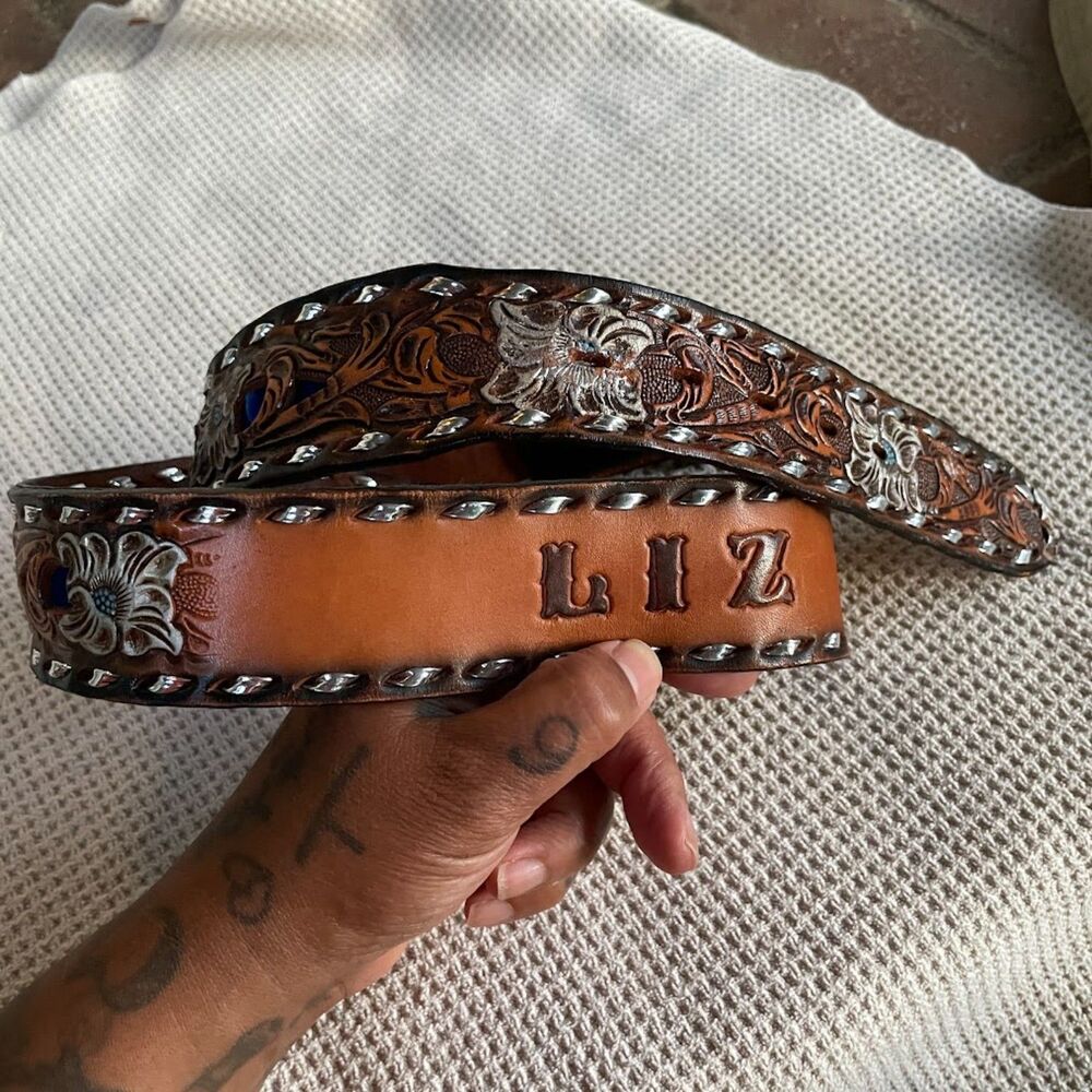Vintage Cowgirl WESTERN Tooled Floral Velvet Inlay Metallic Trim BELT LIZ  32-36